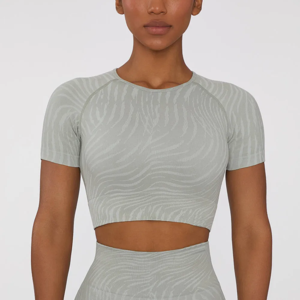 Women Fashion Zebra Print Sports Top Cotton Blend Tight Fit Short Sleeve