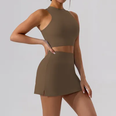 Women's Yoga Sleeveless Tank Top And Skirt Sport Set - Solid Color Lycra