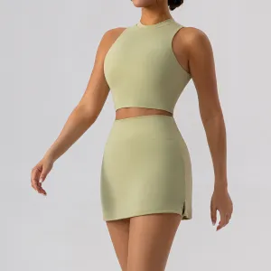 Women's Yoga Sleeveless Tank Top And Skirt Sport Set - Solid Color Lycra