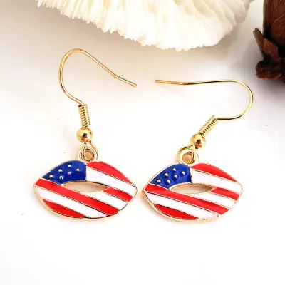 Women Fashion Creative American Independence Day Alloy Oil Dropping Letter Hat Bow Earrings