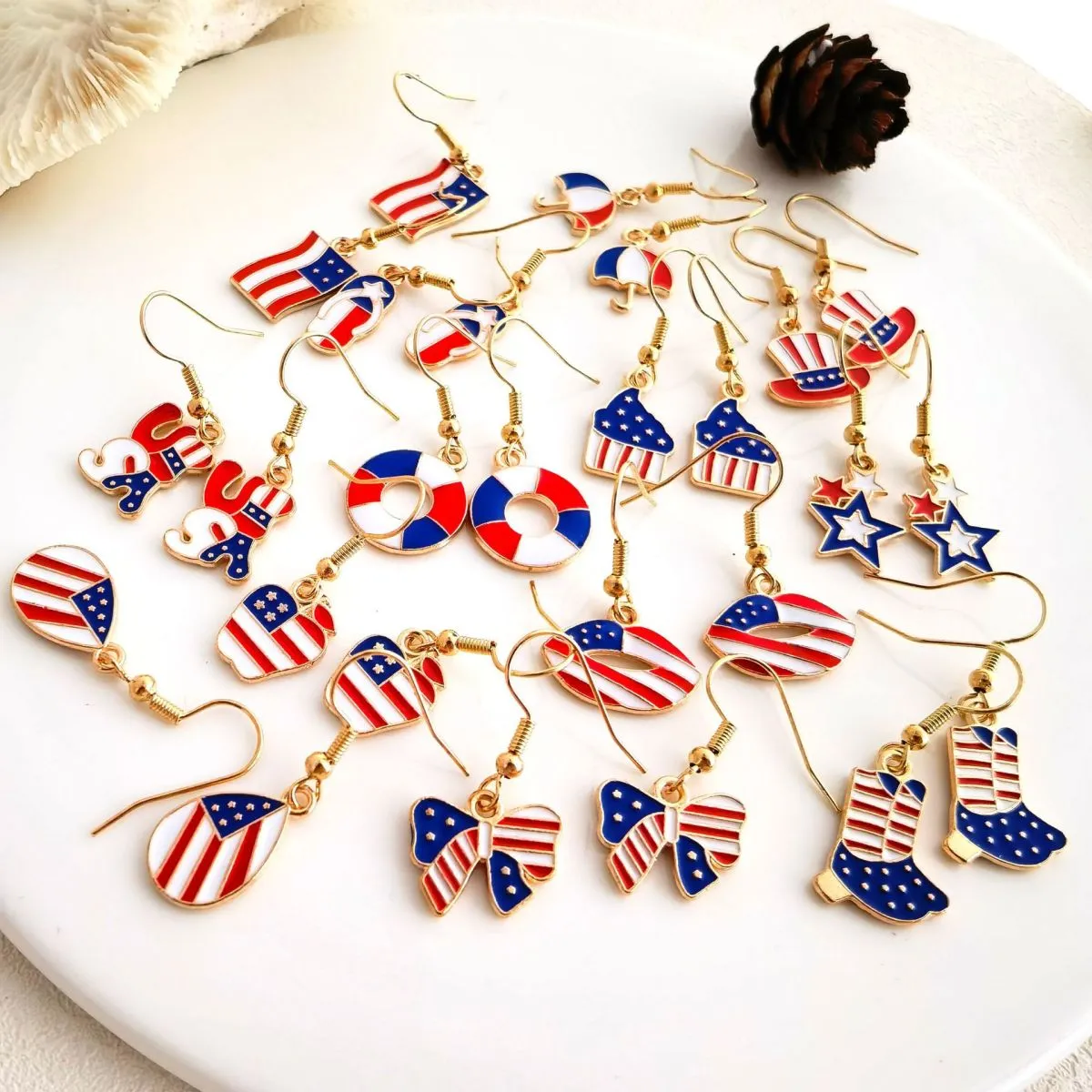 Women Fashion Creative American Independence Day Alloy Oil Dropping Letter Hat Bow Earrings