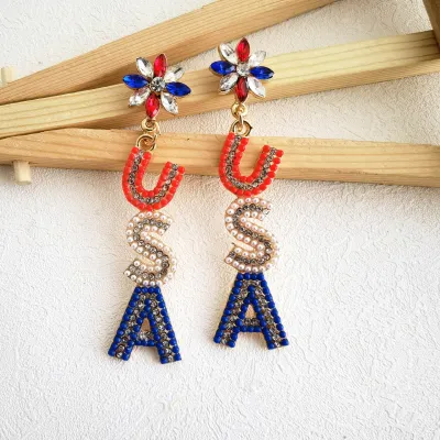 Women Fashion Creative American Independence Day USA Letter Bead Alloy Earrings