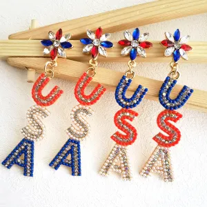 Women Fashion Creative American Independence Day USA Letter Bead Alloy Earrings