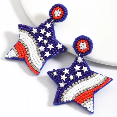 Women Fashion American Independence Day Heart Shaped Star Rice Bead Earrings Mixed Material Instagram Personality