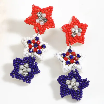 Women Fashion American Independence Day Heart Shaped Star Rice Bead Earrings Mixed Material Instagram Personality