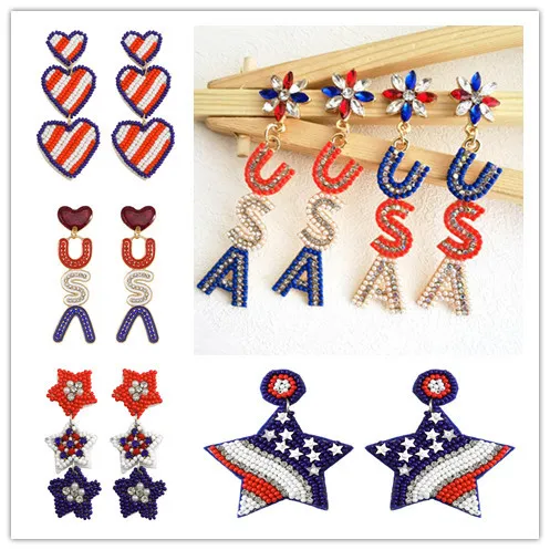 Women Fashion American Independence Day Heart Shaped Star Rice Bead Earrings Mixed Material Instagram Personality