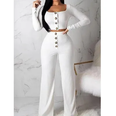 Women Casual Solid Color Anti-Strip Long-Sleeve Slim-Fit Button Cardigan Top Pants Two-Piece Set