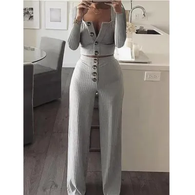 Women Casual Solid Color Anti-Strip Long-Sleeve Slim-Fit Button Cardigan Top Pants Two-Piece Set