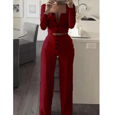 Women Casual Solid Color Anti-Strip Long-Sleeve Slim-Fit Button Cardigan Top Pants Two-Piece Set
