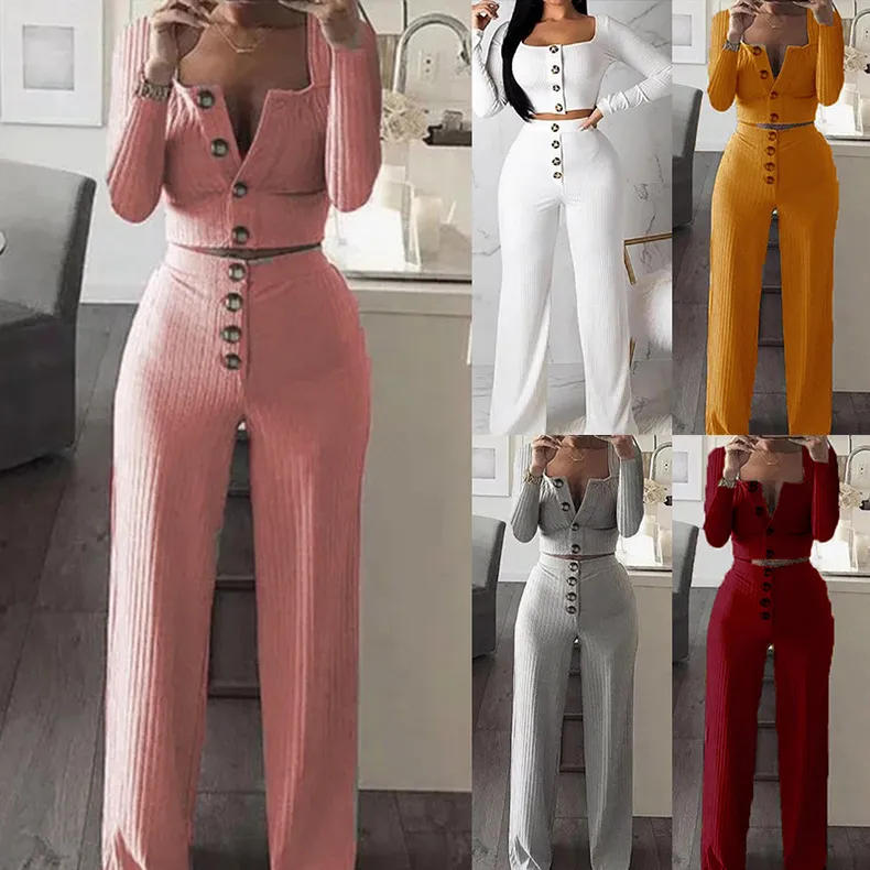 Women Casual Solid Color Anti-Strip Long-Sleeve Slim-Fit Button Cardigan Top Pants Two-Piece Set