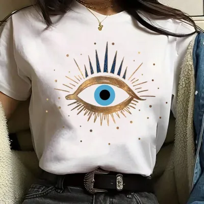 Women's Eyelash Print Round Neck Short Sleeve T-Shirt - Japanese Korean Leisure Style