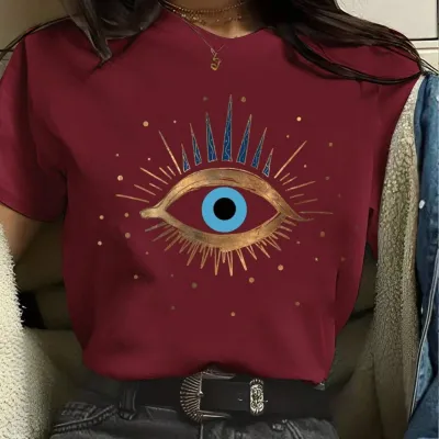 Women's Eyelash Print Round Neck Short Sleeve T-Shirt - Japanese Korean Leisure Style
