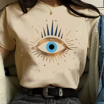 Women's Eyelash Print Round Neck Short Sleeve T-Shirt - Japanese Korean Leisure Style