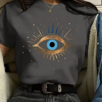 Women's Eyelash Print Round Neck Short Sleeve T-Shirt - Japanese Korean Leisure Style