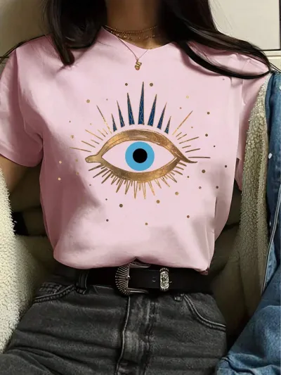 Women's Eyelash Print Round Neck Short Sleeve T-Shirt - Japanese Korean Leisure Style