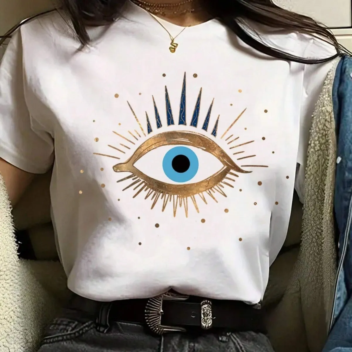 Women's Eyelash Print Round Neck Short Sleeve T-Shirt - Japanese Korean Leisure Style