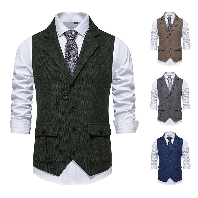 Men Slim Fit Business Casual Lapel Suit Vest Cardigan Solid Color