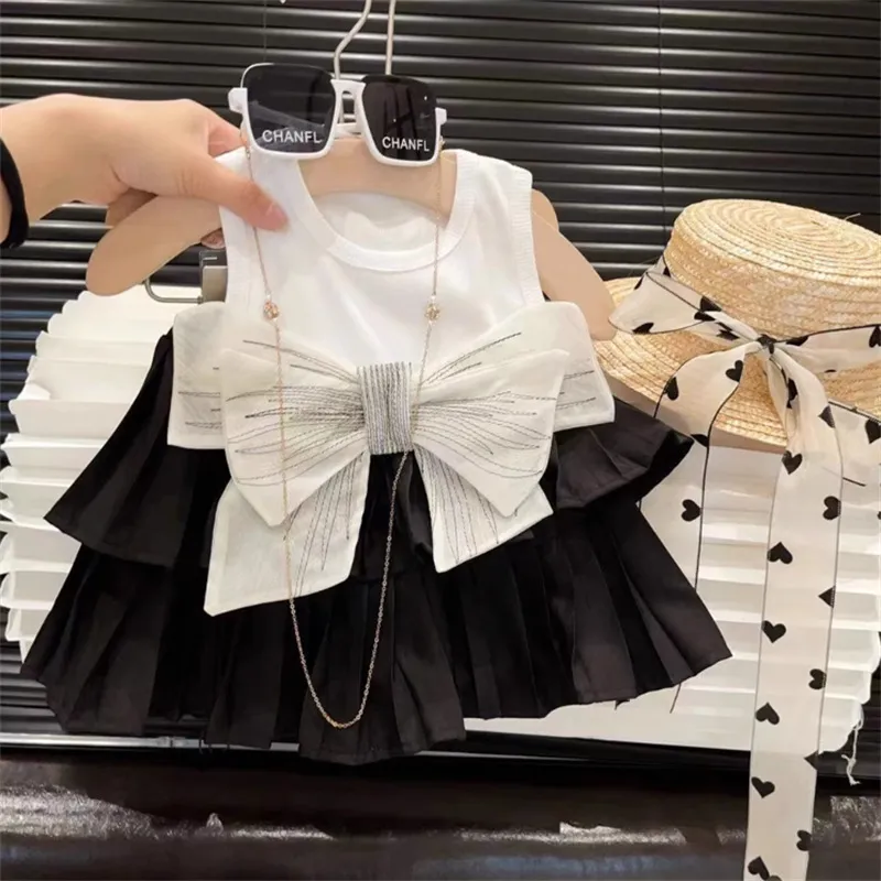 Kids Toddler Girls Casual Cute Bow Tank Top Solid Color Tennis Skirt Set