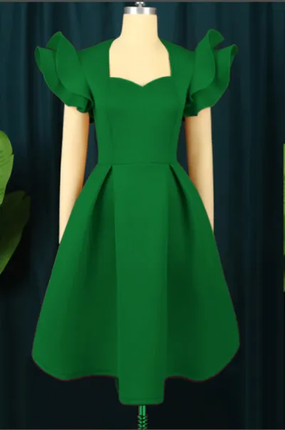Women Fashion Ruffled Back Zipper A-Line Swing Party Dress