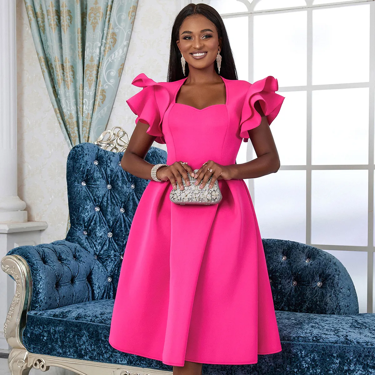 Women Fashion Ruffled Back Zipper A-Line Swing Party Dress