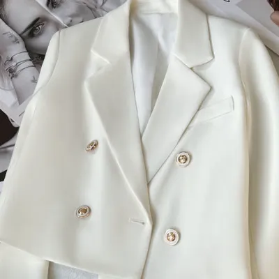 Women Casual Double-Breasted Blazer Jacket Solid Color Long Sleeve