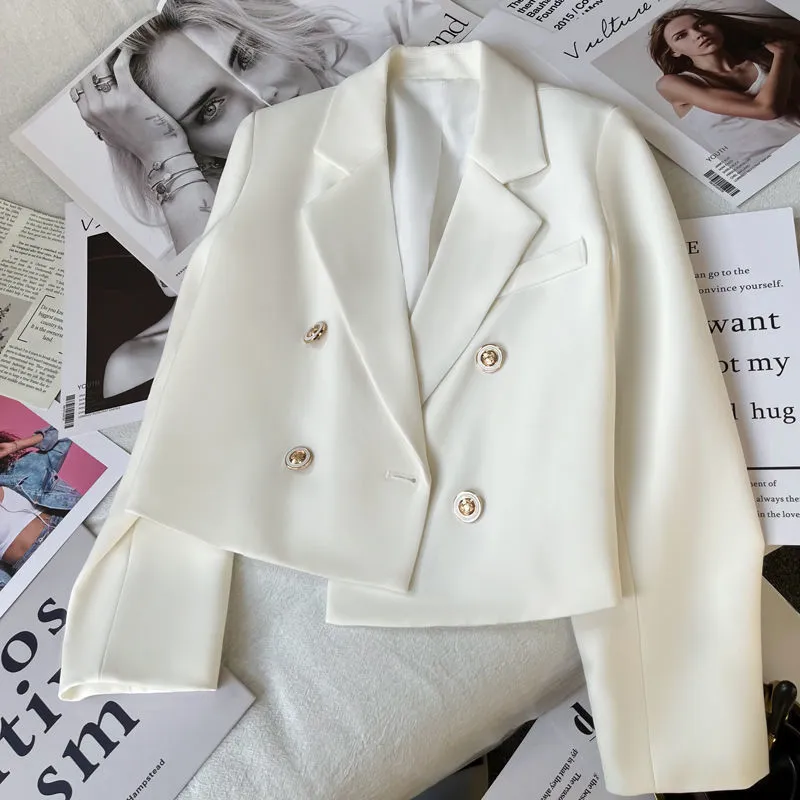 Women Casual Double-Breasted Blazer Jacket Solid Color Long Sleeve