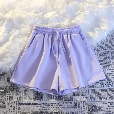 Summer Women Casual Solid Color Drawstring High Waist Cotton Shorts