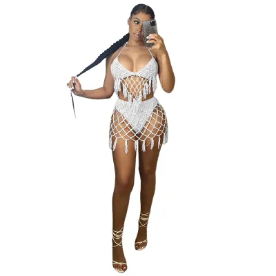 Women's Knitted Halter Neck Tassel Cutout Bikini Cover-Up Set