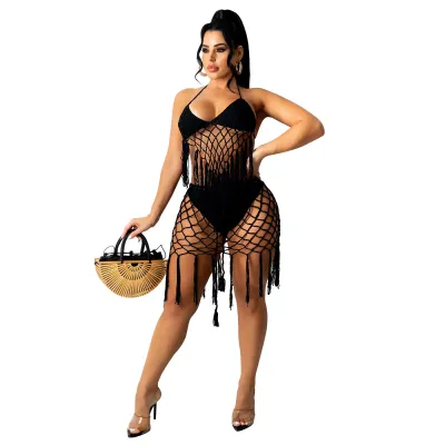 Women's Knitted Halter Neck Tassel Cutout Bikini Cover-Up Set