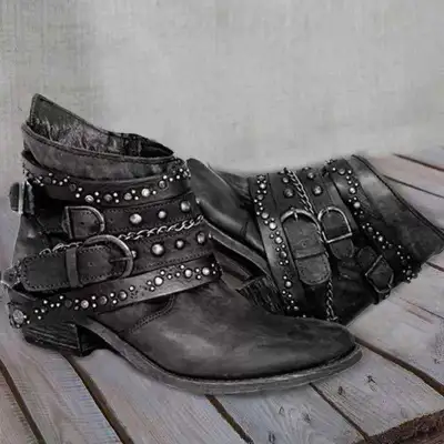 Women Fashion Plus Size Vintage Belt Buckle Rivet Short Boots Ankle Length Coarse Heel Side Zipper Round Toe PU