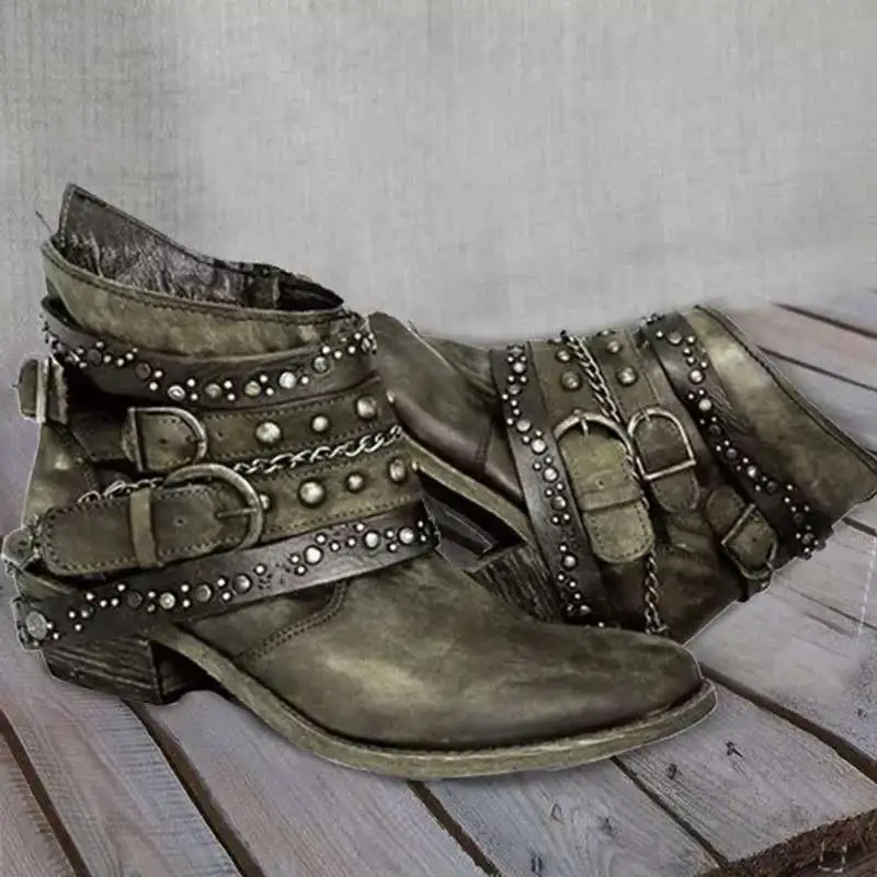 Women Fashion Plus Size Vintage Belt Buckle Rivet Short Boots Ankle Length Coarse Heel Side Zipper Round Toe PU