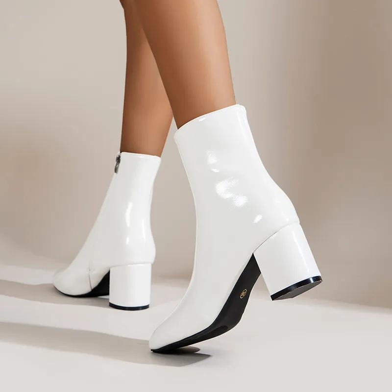 Women Simple Plus Size Solid Color Square Toe Side Zipper Chunky Heel Mid-Calf Boots