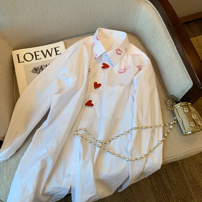 Women Casual Cotton Blouse with Lip Print Heart Button Lapel Long Sleeve