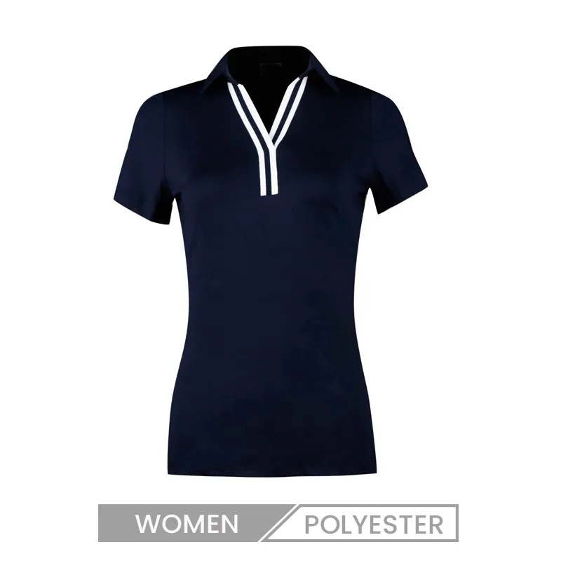 Spring Summer Golf Jersey Women V-Neck Stripe Casual Wear-Resistant Elastic Quick-Drying Short-Sleeved Polo Shirt