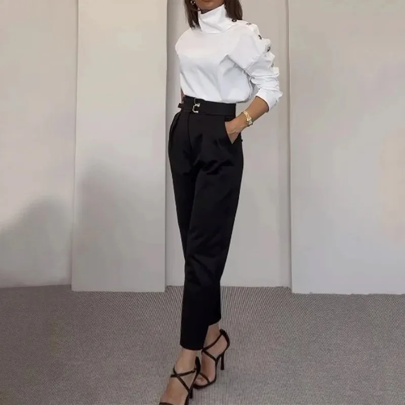 Women's Elegant Solid Color High Collar Slant Shoulder Polyester Pants Set