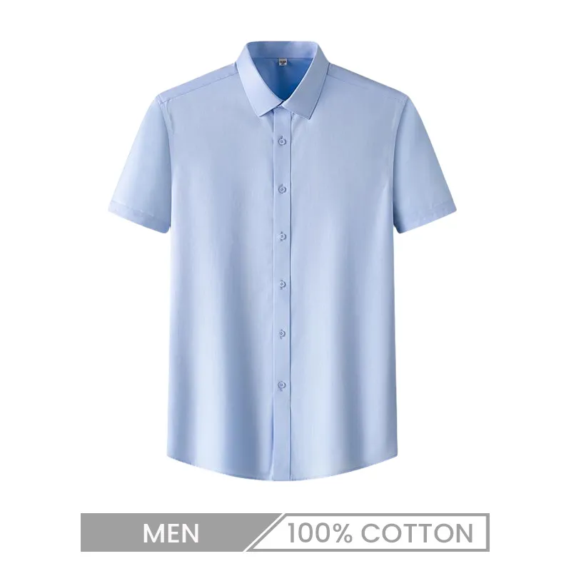 Men Business Non-Ironing Pure Cotton Anti-Wrinkle Solid Color Short-Sleeved Dress Shirt