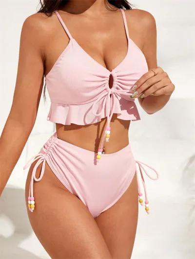 Women's Solid Color Ruffled Tankini Swimsuit Set
