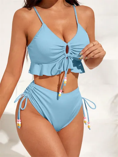 Women's Solid Color Ruffled Tankini Swimsuit Set