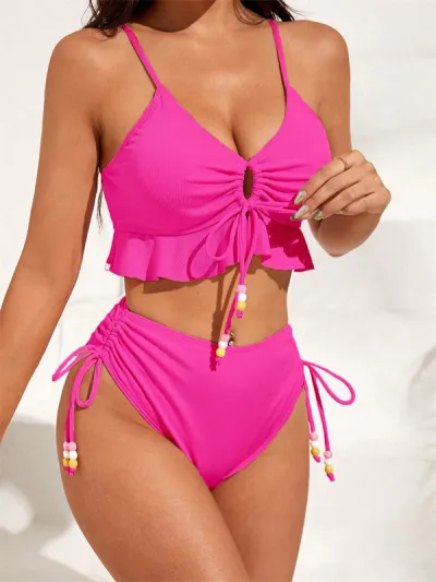 Women's Solid Color Ruffled Tankini Swimsuit Set