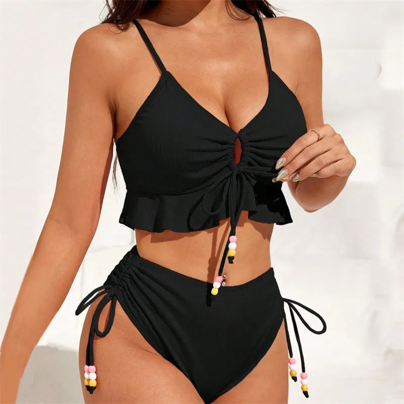 Women's Solid Color Ruffled Tankini Swimsuit Set