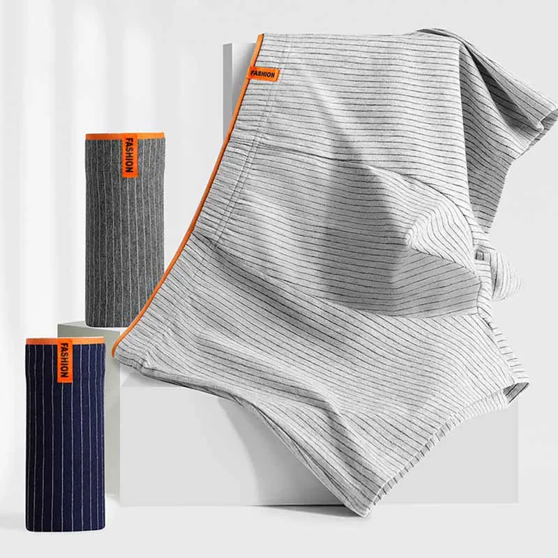 Men Casual Basic Stripe Plus Size Mid Waist Cotton Boxer Pants