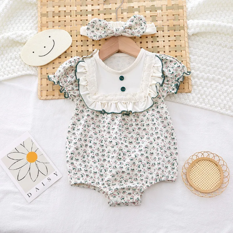 Kids Baby Girls Casual Cute Tiny Flower Print Short Sleeve Romper Pullover 100% Cotton