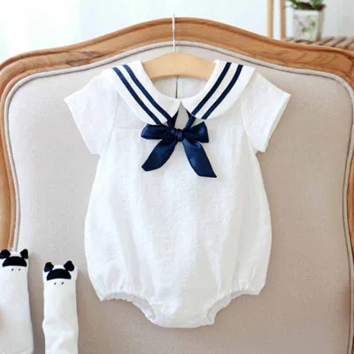 Kids Baby Boys Girls Casual Cute Bow Short Sleeve Peter Pan Collar Romper Pullover