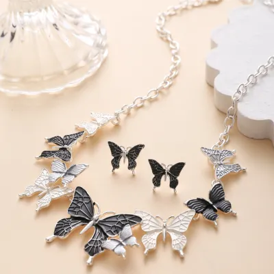 Women Fashion Creative Butterfly Alloy Necklace Earrings 2 Sets-Bag