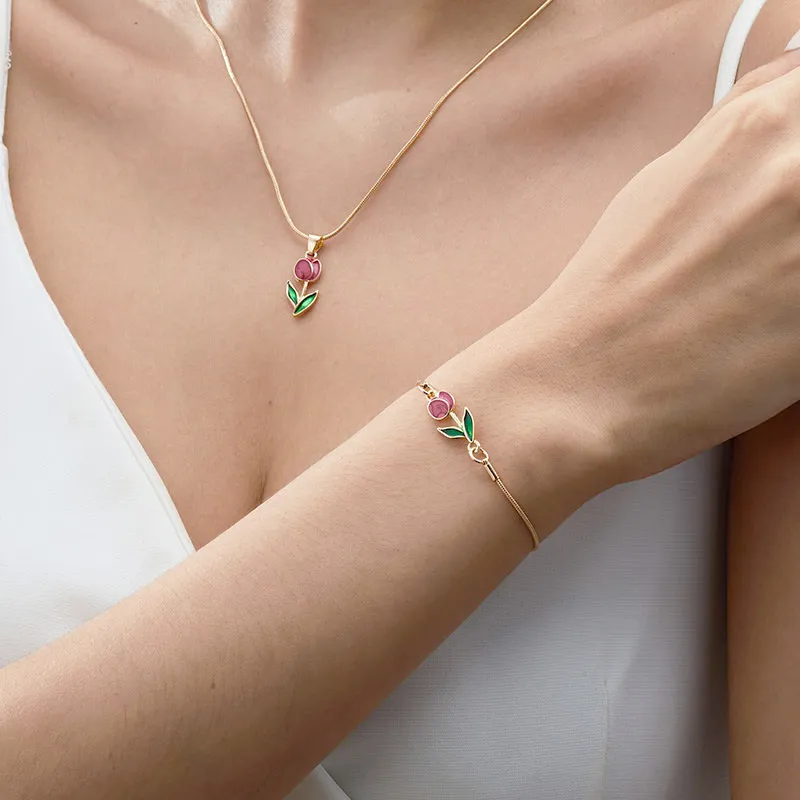Women Fashion Creative Tulip Floral Necklace Bracelet Anklet Set