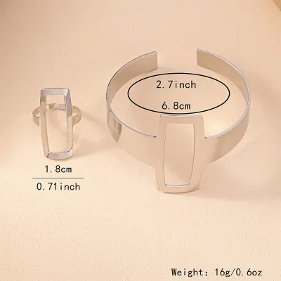 Women Fashion Retro Geometric Hollow Bracelet Ring Set