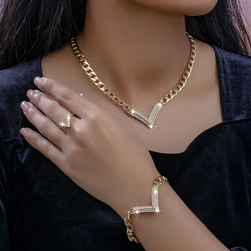 Women Fashion Geometric V-Shaped Rhinestone Necklace Bracelet Ring Set