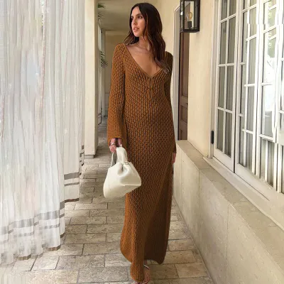 Summer Women Beach V-Neck Knitted Hollow Long Sleeve Bikini Swimwear Sunscreen Cover-Up