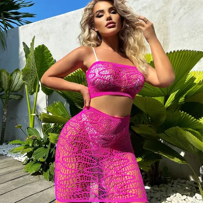 Women Fashion Sexy Hollow Perspective Tube Top Skirt Two-Piece Set