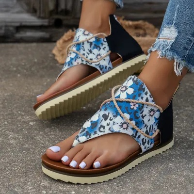 Summer Women Fashion Plus Size Ethnic Print Flat Thong Sandals